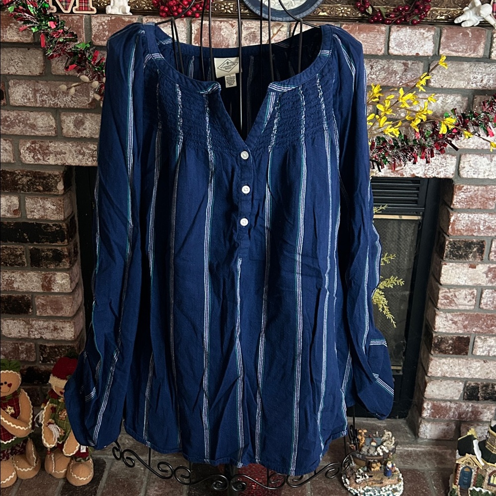 St John’s Bay Blue/White Striped V-Neck Long Sleeve With Elastic Cuff Sz L